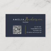 Elegante eenvoudige Navy Blue Gold Script QR-code Visitekaartje (Achterkant)