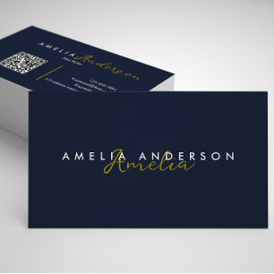 Elegante eenvoudige Navy Blue Gold Script QR-code Visitekaartje