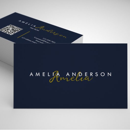 Elegante eenvoudige Navy Blue Gold Script QR-code Visitekaartje