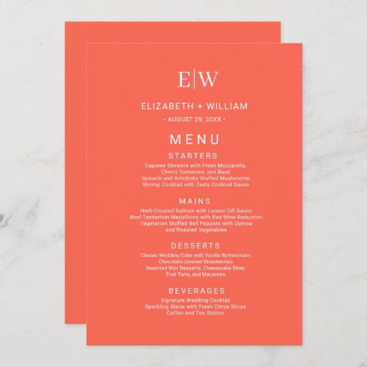 Elegante Eenvoudige Neon Flare met Monogram Huweli Menu (Voorkant / Achterkant)