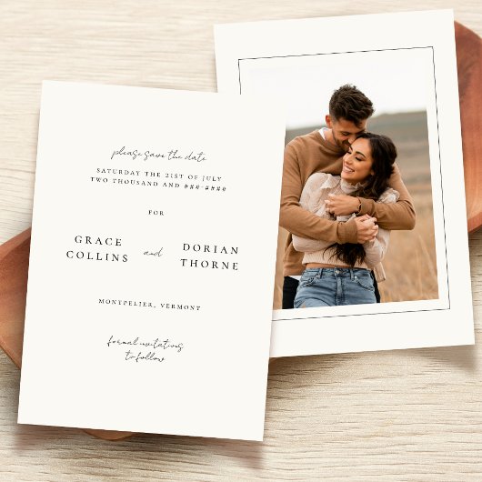 Elegante eenvoudige neutrale ivoor witte foto brui save the date