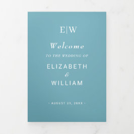 Elegante Eenvoudige Retro Blauw met Monogram Huwel Drieluik Programma