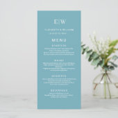 Elegante Eenvoudige Retro Blauw met Monogram Huwel Menu (Staand voorkant)