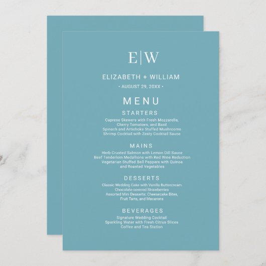 Elegante Eenvoudige Retro Blauw met Monogram Huwel Menu (Voorkant / Achterkant)