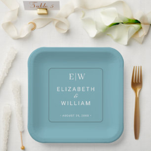 Elegante Eenvoudige Retro Blauw met Monogram Huwel Papieren Bordje