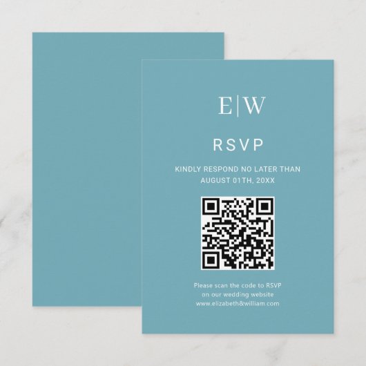 Elegante Eenvoudige Retro Blauw met Monogram Huwel RSVP Kaartje (Voorkant / Achterkant)