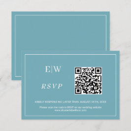 Elegante Eenvoudige Retro Blauw met Monogram Huwel RSVP Kaartje