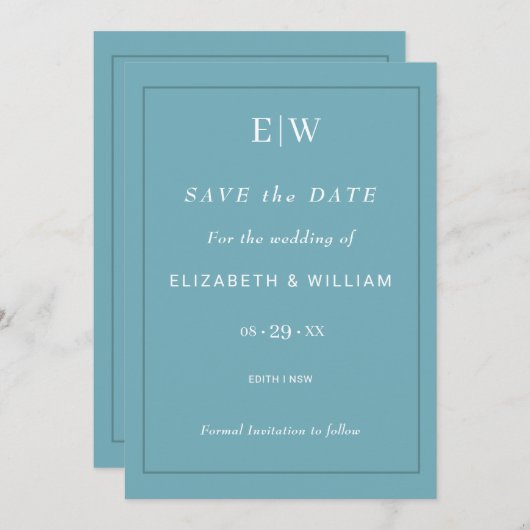 Elegante Eenvoudige Retro Blauw met Monogram Huwel Save The Date (Voorkant / Achterkant)
