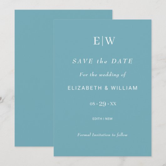 Elegante Eenvoudige Retro Blauw met Monogram Huwel Save The Date (Voorkant / Achterkant)