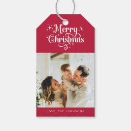 Elegante eenvoudige retro rode en witte kerstfoto cadeaulabel