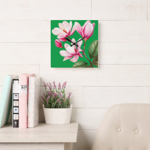 Elegante Eenvoudige Roze Bloem Bloemige Kunst Vierkante Klok