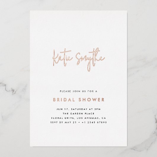 Elegante Eenvoudige Roze Goud & Zwarte Bruidsdouch Folie Uitnodiging (Voorkant)