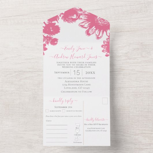 Elegante Eenvoudige Roze Zonnebloem Geometrische G All In One Uitnodiging (Binnen)