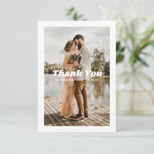 Elegante eenvoudige schone typografie foto bruilof bedankkaart (Staand voorkant)