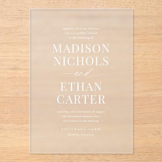 Elegante eenvoudige script foto bruiloft acryl uitnodigingen (Voorkant)