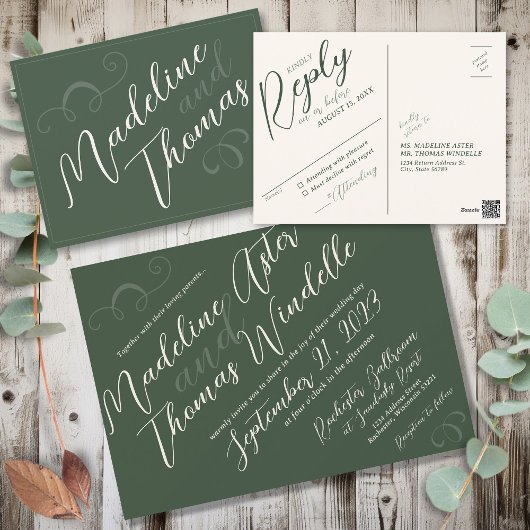 Elegante Eenvoudige Script Sage Green Wedding RSVP Briefkaart