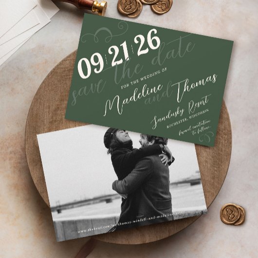 Elegante Eenvoudige Script Sage Groene Foto Huweli Save The Date