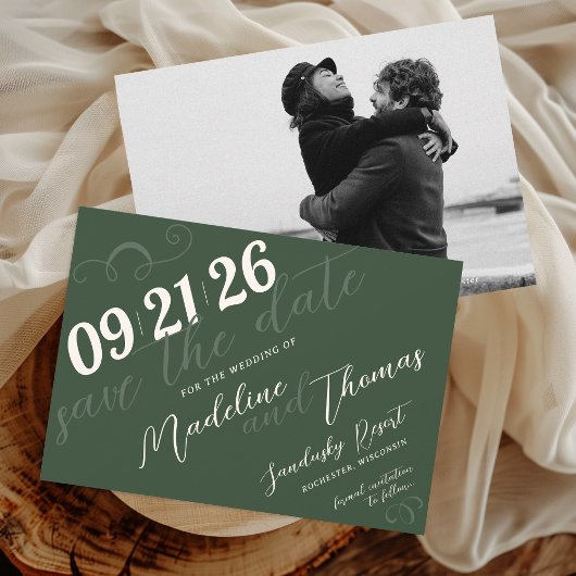 Elegante Eenvoudige Script Sage Groene Foto Huweli Save The Date