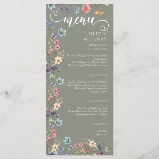Elegante Eenvoudige Spring Sage Wildflowers Weddin Menu (Voorkant)