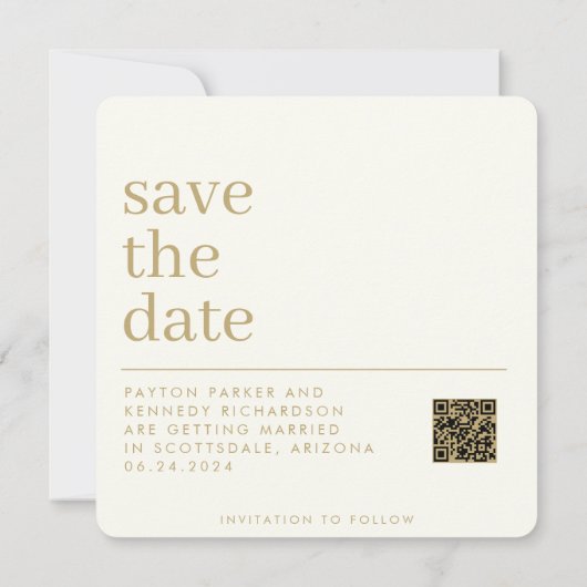 Elegante eenvoudige stijlvolle crème en gouden chi save the date (Achterkant)