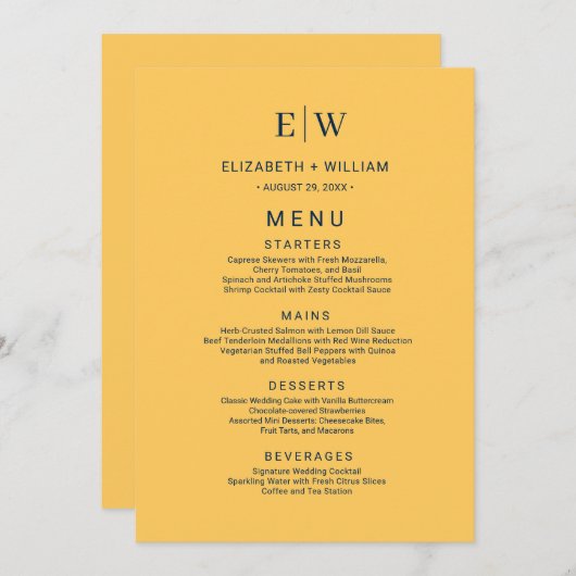 Elegante Eenvoudige Straal Bloem met Monogram Huwe Menu (Voorkant / Achterkant)
