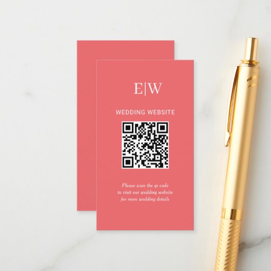 Elegante Eenvoudige Sunset Koraal met Monogram Huw Informatiekaartje (Voorkant / Achterkant in situ)