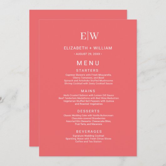Elegante Eenvoudige Sunset Koraal met Monogram Huw Menu (Voorkant / Achterkant)