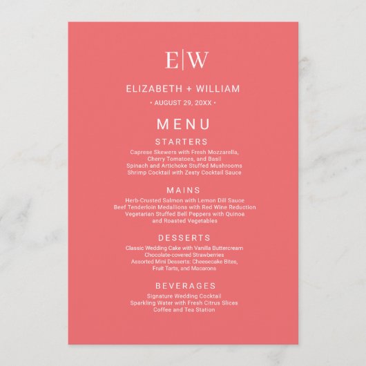 Elegante Eenvoudige Sunset Koraal met Monogram Huw Menu (Voorkant)
