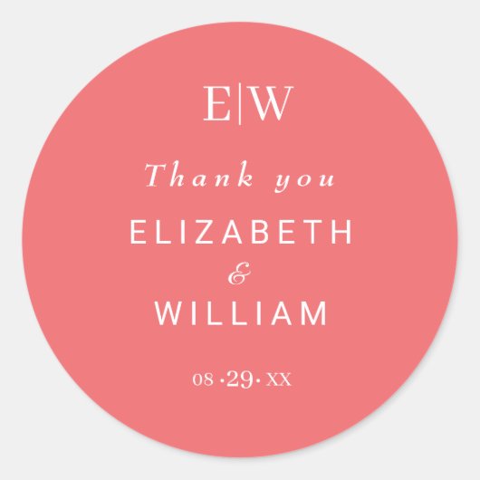 Elegante Eenvoudige Sunset Koraal met Monogram Huw Ronde Sticker (Voorkant)