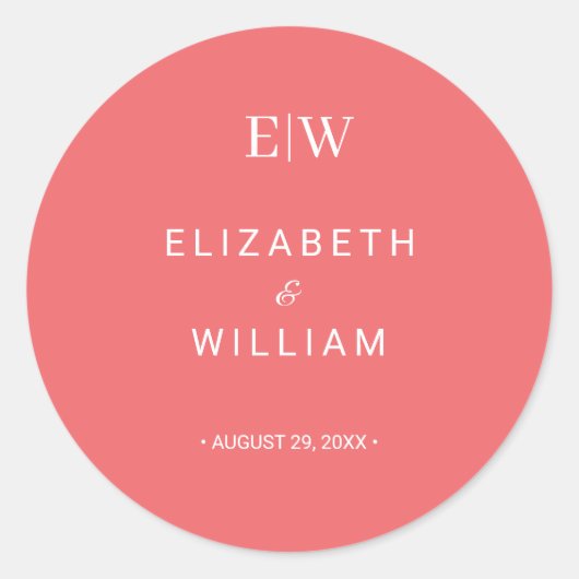 Elegante Eenvoudige Sunset Koraal met Monogram Huw Ronde Sticker (Voorkant)
