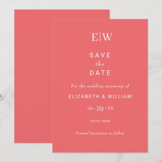 Elegante Eenvoudige Sunset Koraal met Monogram Huw Save The Date (Voorkant / Achterkant)