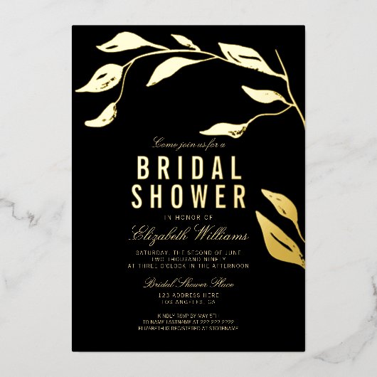 Elegante Eenvoudige Tak Zwarte Bruidsdouche Goud Folie Uitnodiging (Voorkant)