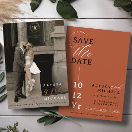 Elegante eenvoudige terracotta roest foto bruiloft save the date