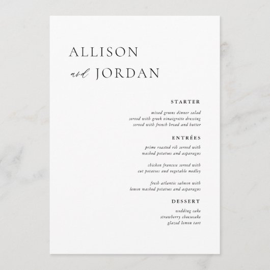 Elegante eenvoudige trouwdiner feestmenu's menu (Voorkant)