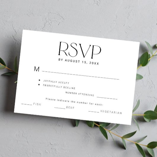Elegante eenvoudige typografie maaltijd opties bru RSVP kaartje