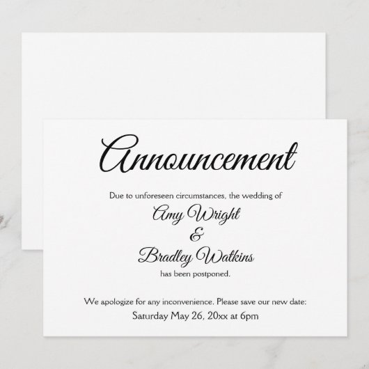 Elegante, eenvoudige uitgestelde huwelijksaankondi kaart (Voorkant / Achterkant)