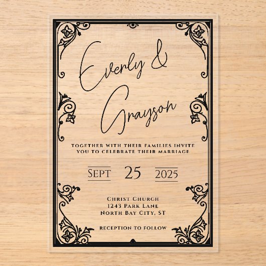 Elegante Eenvoudige Victoriaans Bloemen Border Wed Acryl Uitnodigingen (Voorkant)