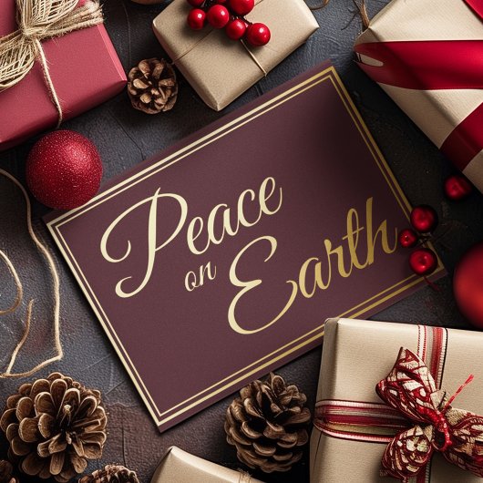 Elegante Eenvoudige Vrede op Aarde Bordeaux Goud Folie Feestdagenkaart
