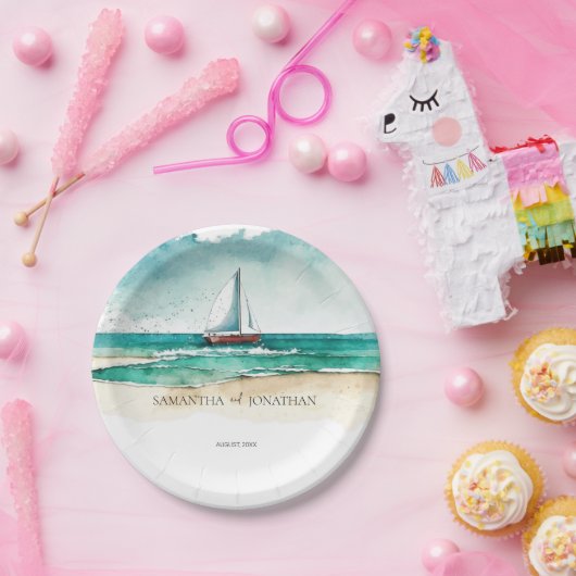 Elegante eenvoudige waterverf boot cruise bruiloft papieren bordje (Feest)