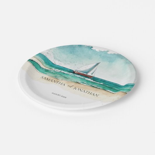 Elegante eenvoudige waterverf boot cruise bruiloft papieren bordje (Gekanteld)