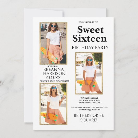 Elegante Eenvoudige Wit Gouden Foto Sweet Sixteen Kaart (Voorkant)