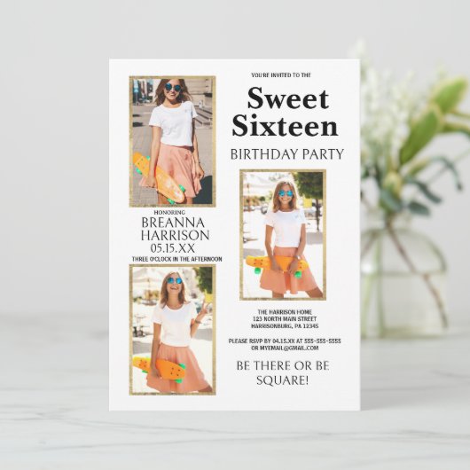 Elegante Eenvoudige Wit Gouden Foto Sweet Sixteen Kaart (Staand voorkant)