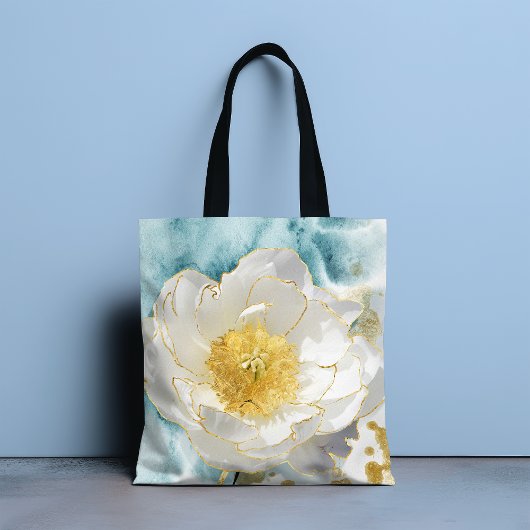 Elegante Eenvoudige Witte Bloem Luxe Gouden Waterv Tote Bag