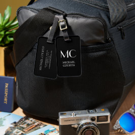 Elegante Eenvoudige Witte en Zwarte Monogrammed Na Bagagelabel