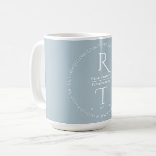 Elegante eenvoudige witte grijze script bruiloft koffiemok (Voorkant links)