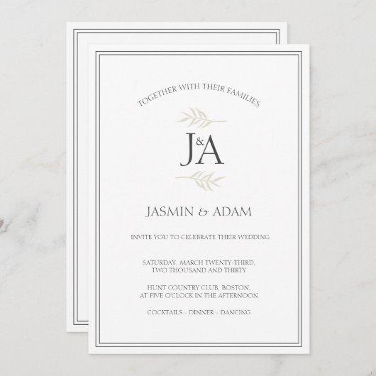 Elegante eenvoudige witte klassieke Initialen brui Kaart (Voorkant / Achterkant)