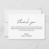 Elegante eenvoudige witte script bruiloft foto bedankkaart (Achterkant)