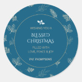 Elegante eenvoudige witte winterbladeren blauw ronde sticker (Voorkant)