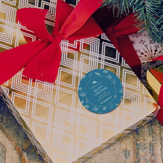 Elegante eenvoudige witte winterbladeren blauw ronde sticker