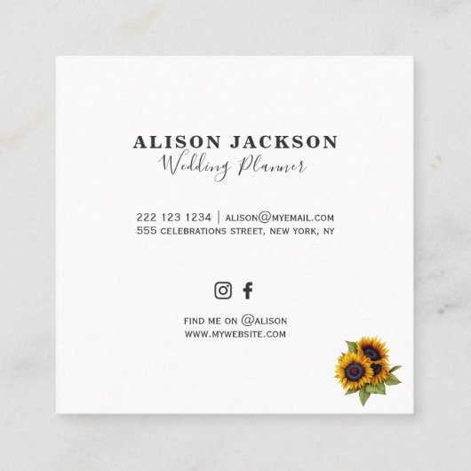 Elegante eenvoudige zonnebloemen boeket bruiloft p vierkante visitekaartje (Achterkant)